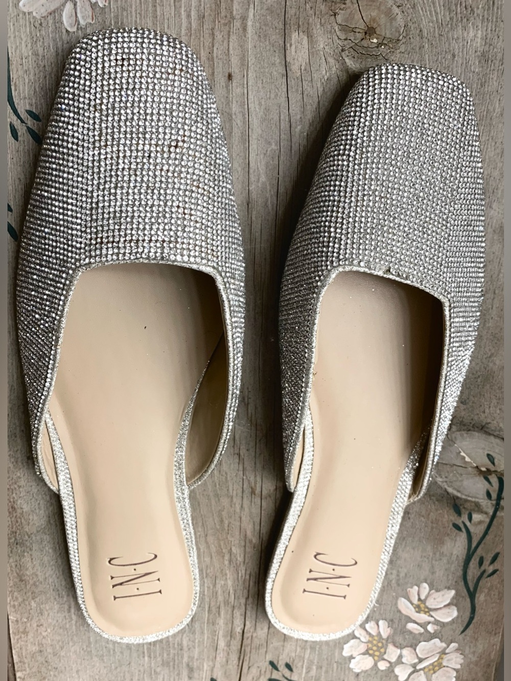 INC International Concepts Silver Rhinestone Slip-On Mules - Picture 9 of 13